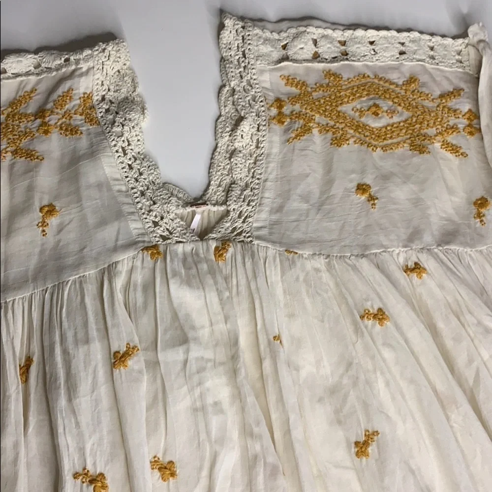 Free people oversized embroidered mp a line midi swing dress xs/s mustard ivory